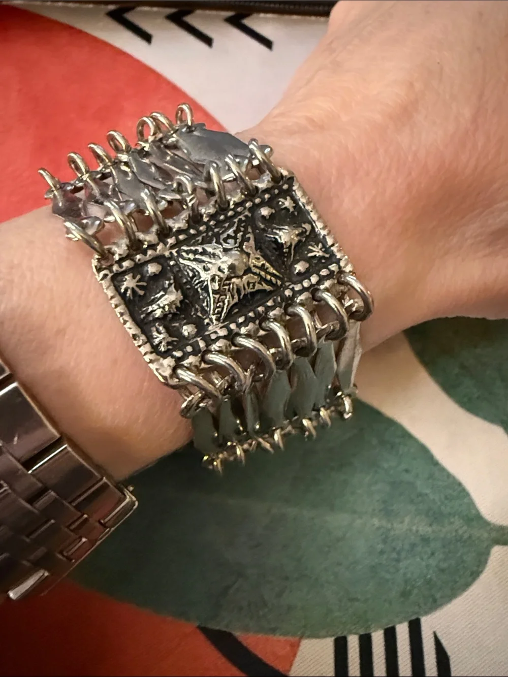 Mexico Art Deco Wide Panel Link Bracelet Signed Bohemian